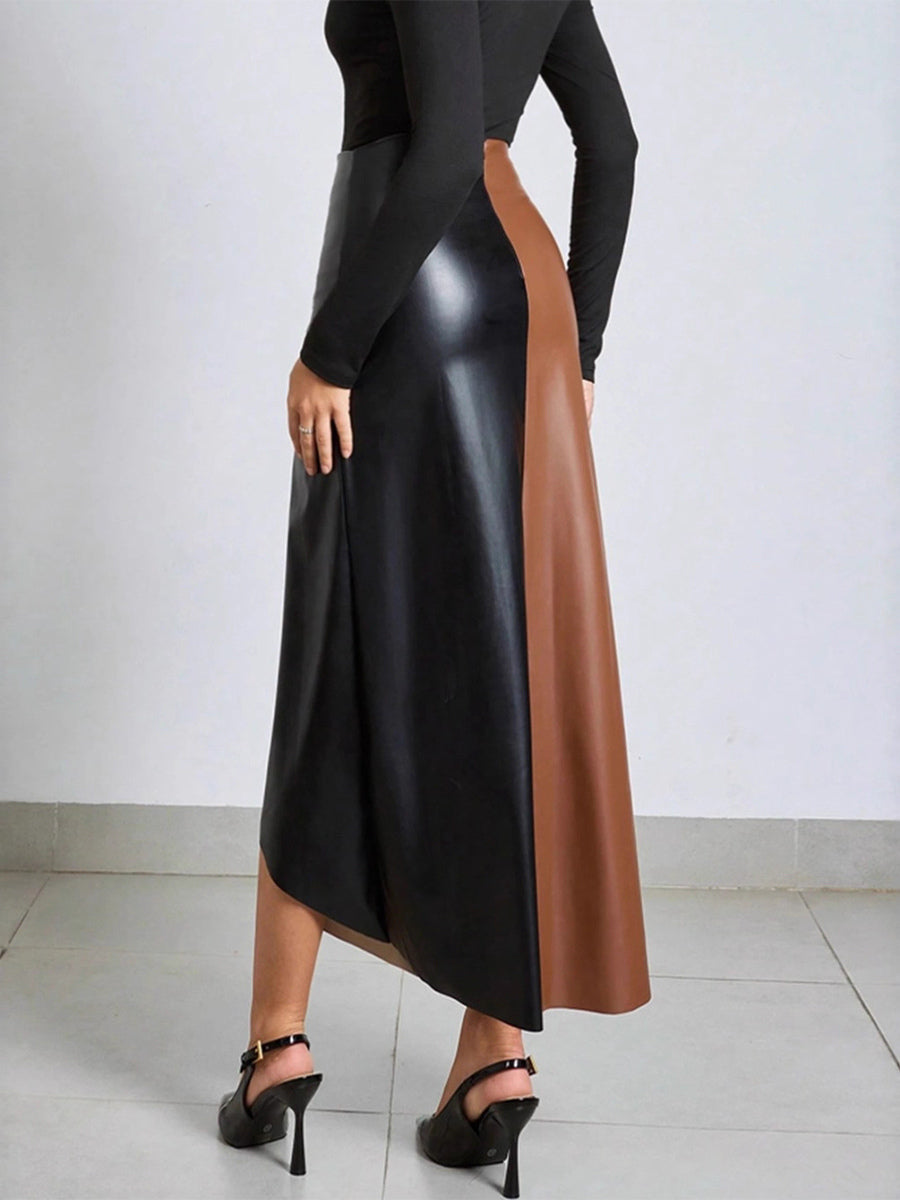 Faux Leather Skirt With High-Waist And Asymmetric Slit For Women 2026