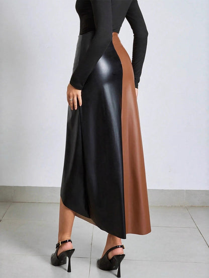 Faux Leather Skirt With High-Waist And Asymmetric Slit For Women 2026