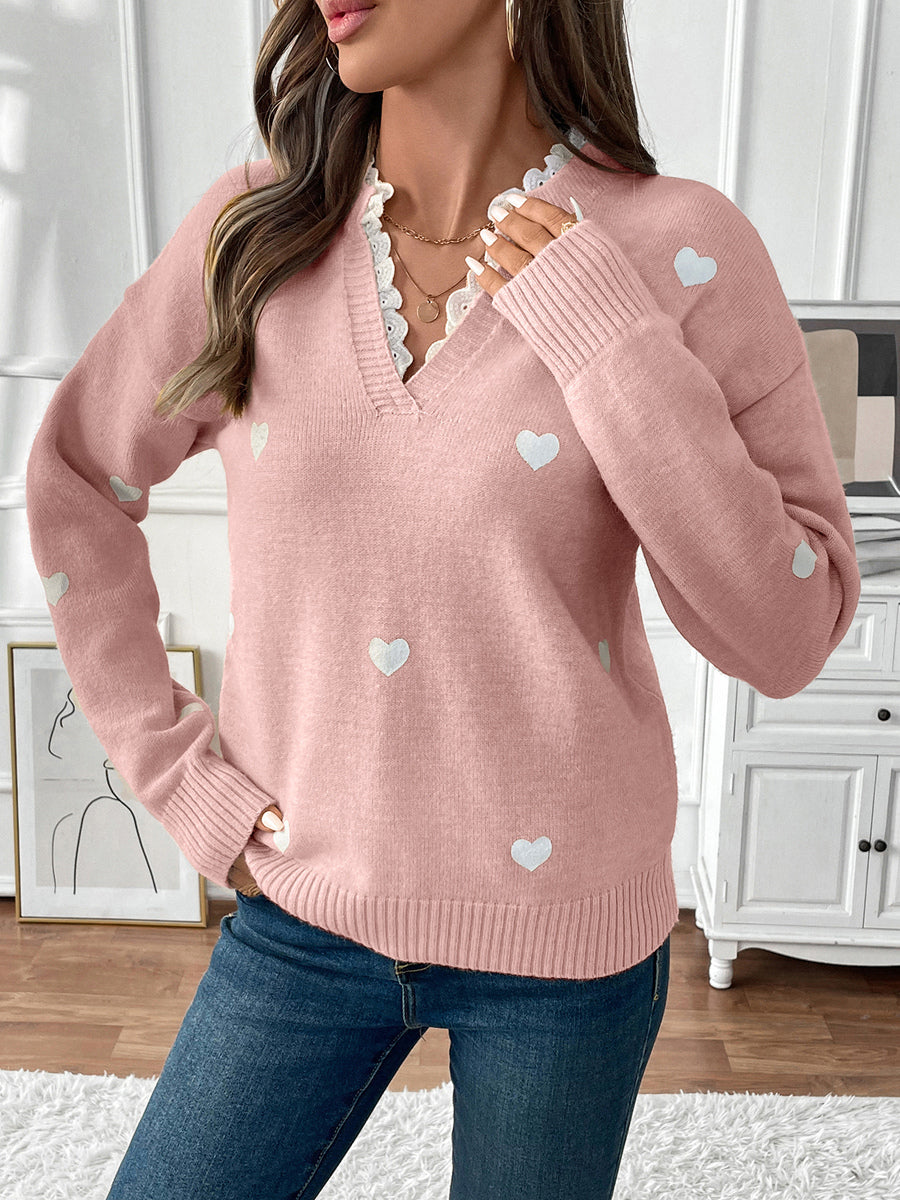 Heart Print V-Neck Sweater For Women 2026