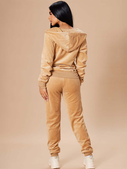 Velour Zip Up Slim Fit Hoodie Jogger Set For Women 2026