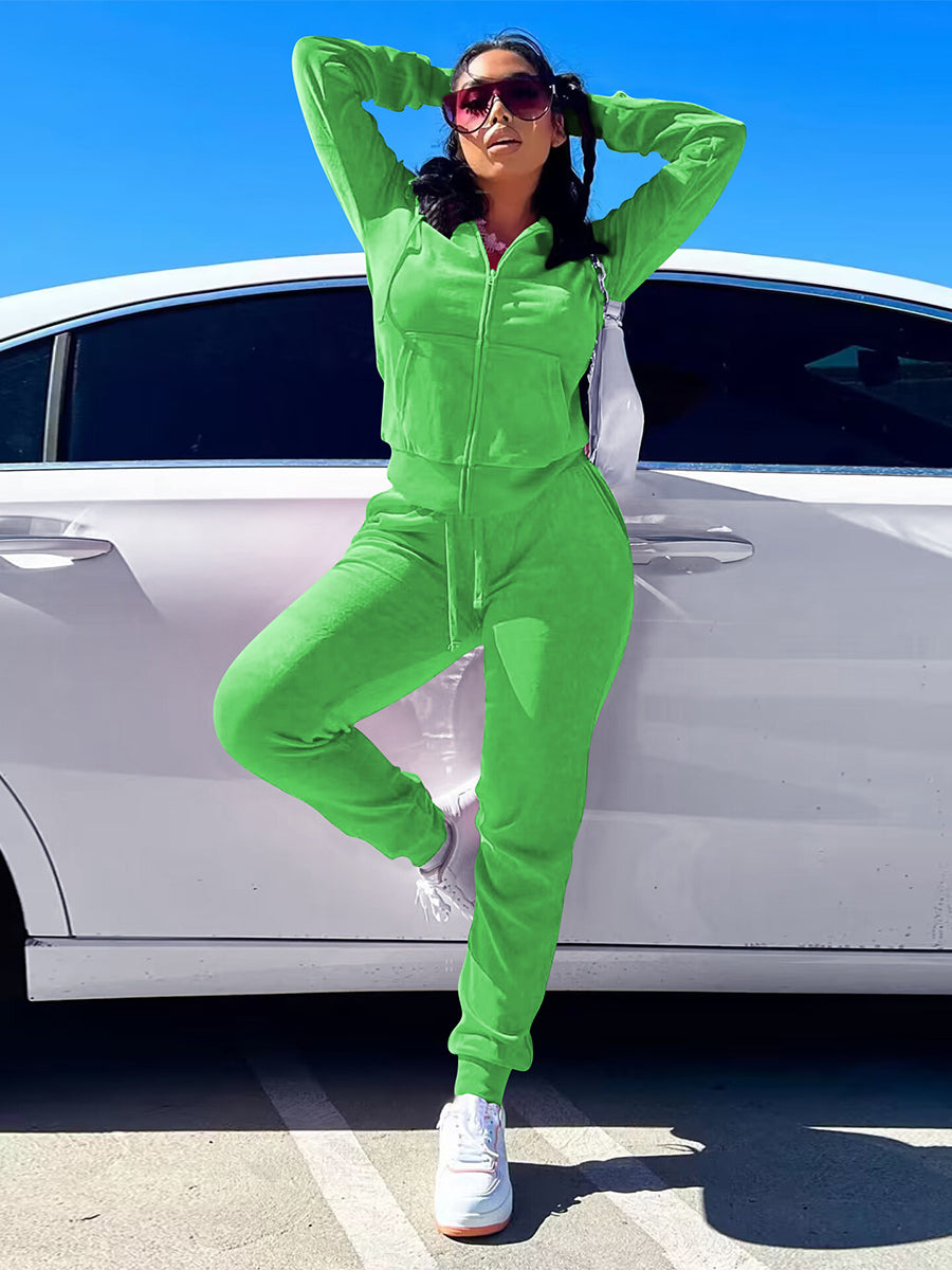 Velour Zip Up Slim Fit Hoodie Jogger Set For Women 2026