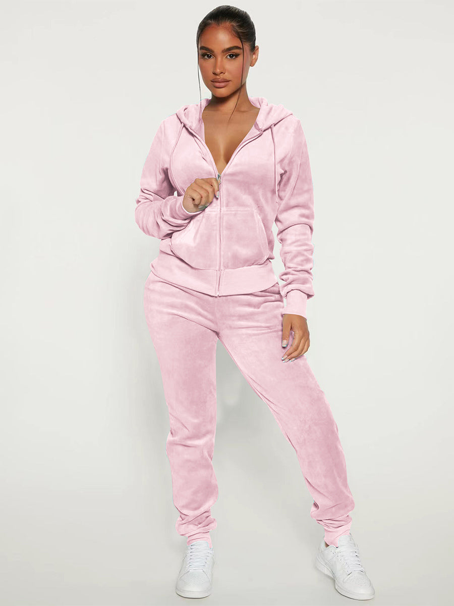 Velour Zip Up Slim Fit Hoodie Jogger Set For Women 2026