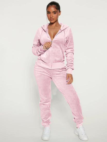 Velour Zip Up Slim Fit Hoodie Jogger Set For Women 2026