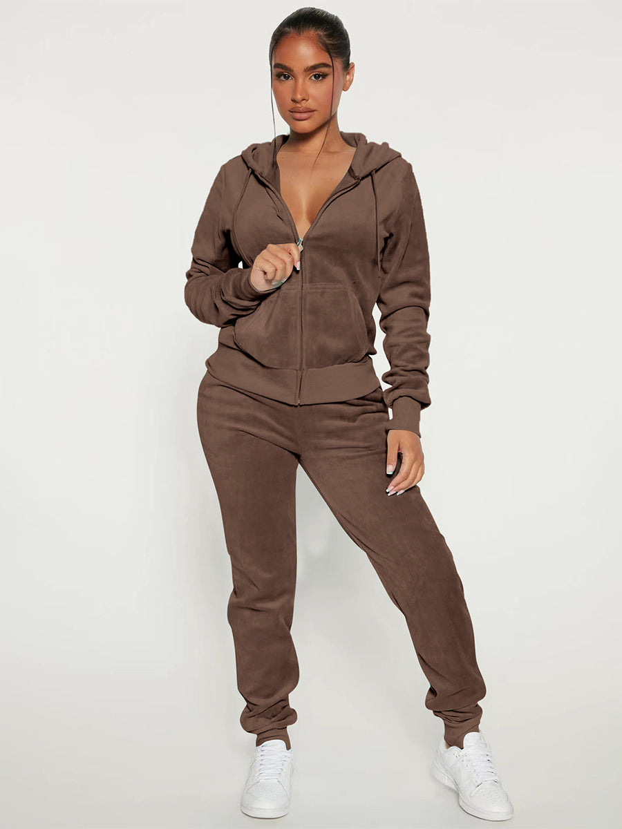 Velour Zip Up Slim Fit Hoodie Jogger Set For Women 2026