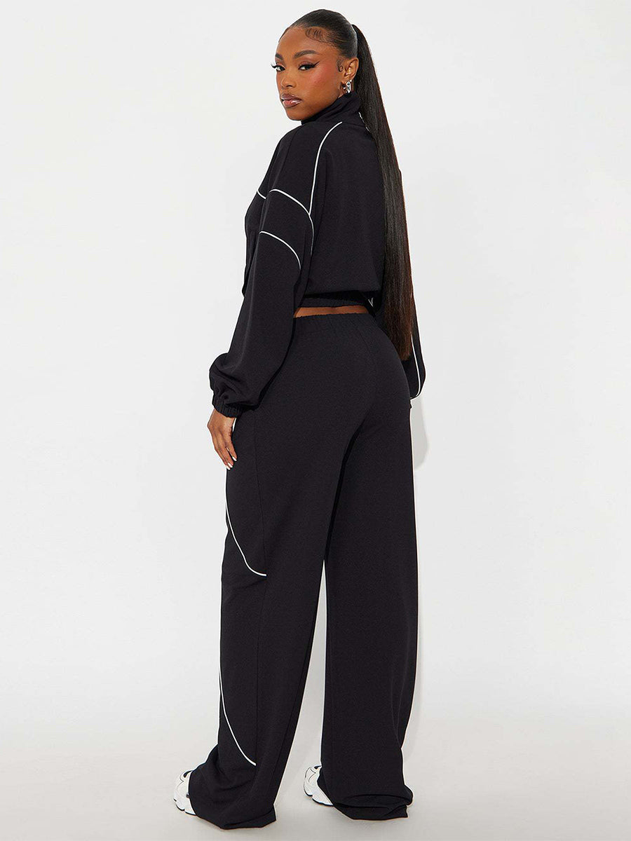 Piping Trim Zip Up Crop Tracksuit With Wide Leg For Women 2026