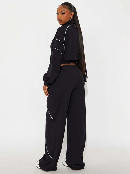 Piping Trim Zip Up Crop Tracksuit With Wide Leg For Women 2026