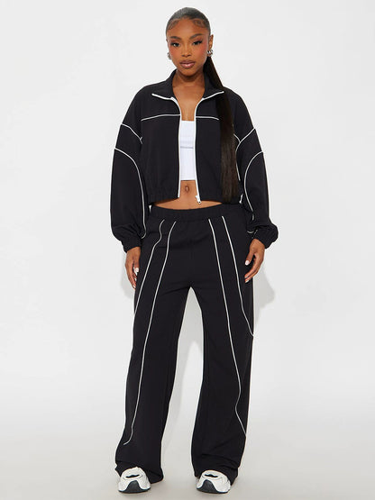 Piping Trim Zip Up Crop Tracksuit With Wide Leg For Women 2026