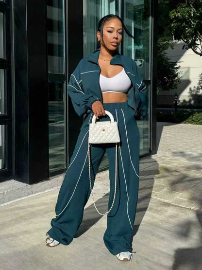 Piping Trim Zip Up Crop Tracksuit With Wide Leg For Women 2026