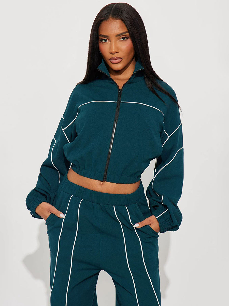 Piping Trim Zip Up Crop Tracksuit With Wide Leg For Women 2026