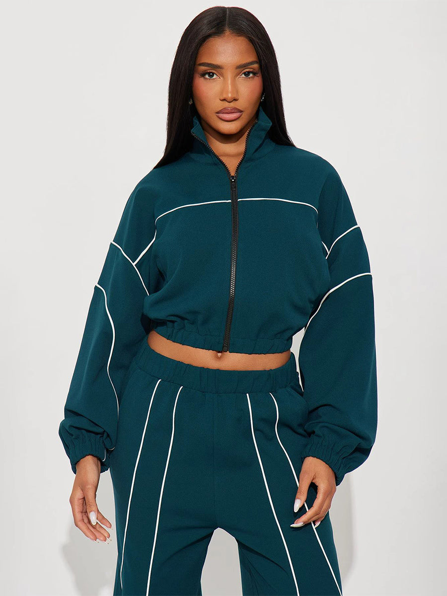 Piping Trim Zip Up Crop Tracksuit With Wide Leg For Women 2026