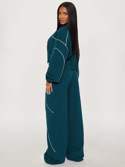 Piping Trim Zip Up Crop Tracksuit With Wide Leg For Women 2026