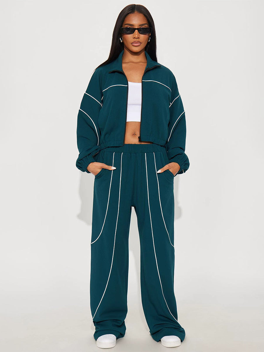 Piping Trim Zip Up Crop Tracksuit With Wide Leg For Women 2026