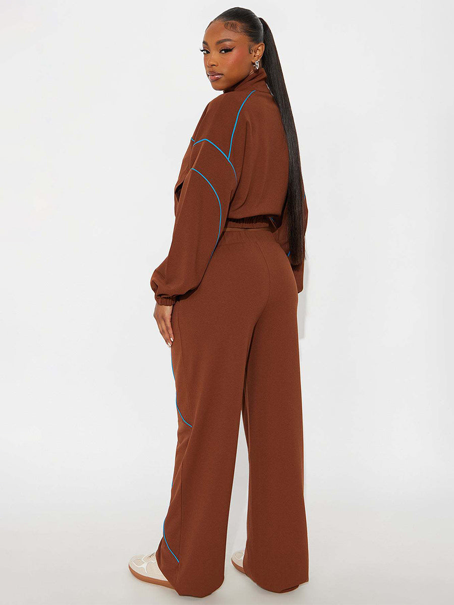 Piping Trim Zip Up Crop Tracksuit With Wide Leg For Women 2026