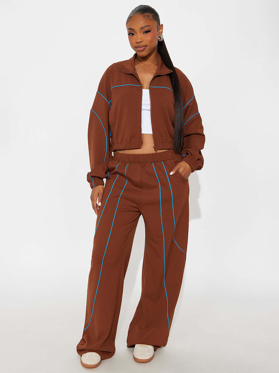 Piping Trim Zip Up Crop Tracksuit With Wide Leg For Women 2026