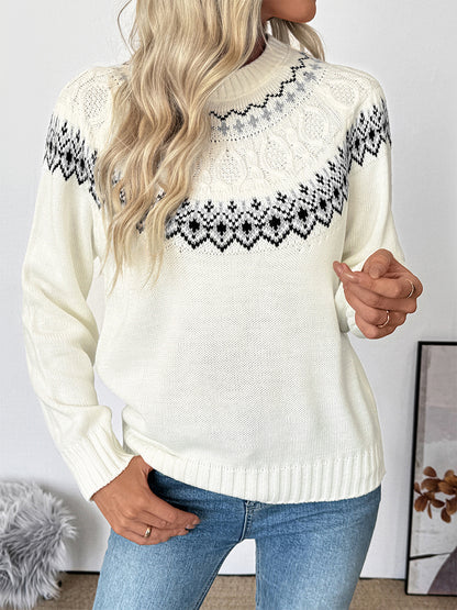 Fair Isle Knitted Jumper High Neck Long Sleeve Pullover For Women 2026