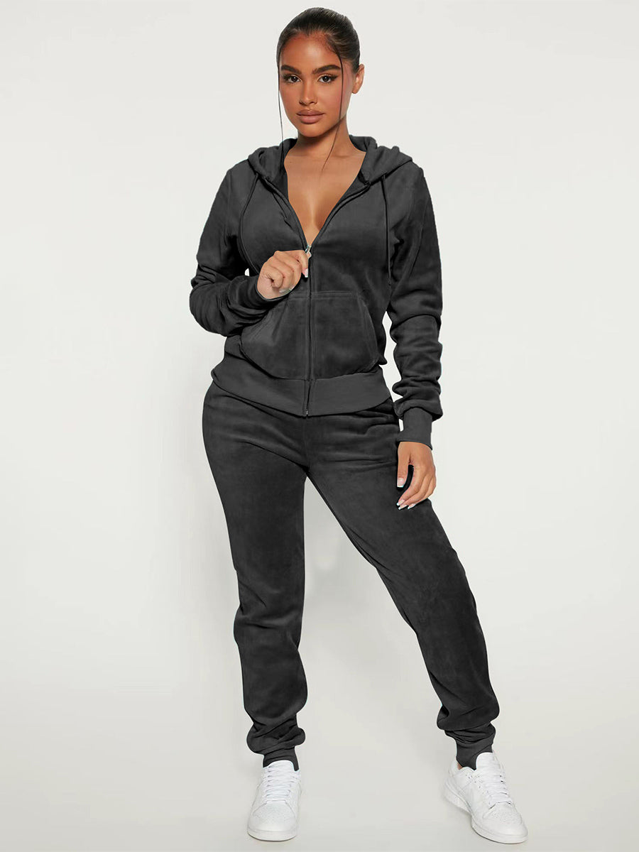 Velour Zip Up Slim Fit Hoodie Jogger Set For Women 2026