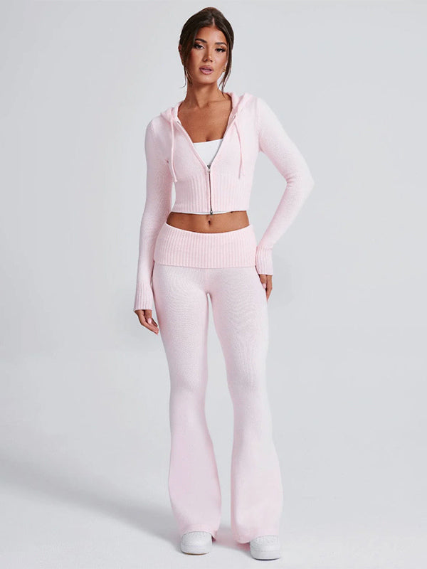 Knit Crop Zip Up Hoodie And Flared Pants Two Piece Co-ord Set For Women 2026