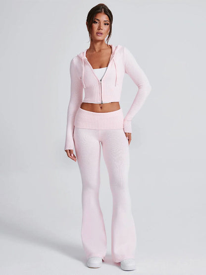 Knit Crop Zip Up Hoodie And Flared Pants Two Piece Co-ord Set For Women 2026