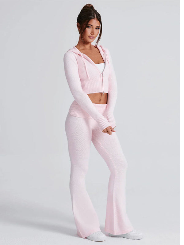 Knit Crop Zip Up Hoodie And Flared Pants Two Piece Co-ord Set For Women 2026