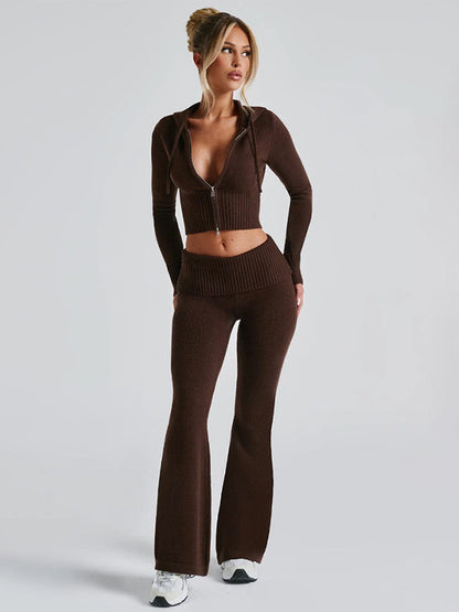Knit Crop Zip Up Hoodie And Flared Pants Two Piece Co-ord Set For Women 2026