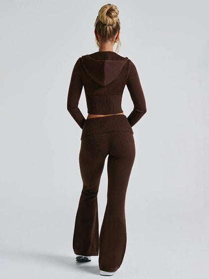Knit Crop Zip Up Hoodie And Flared Pants Two Piece Co-ord Set For Women 2026