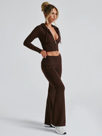 Knit Crop Zip Up Hoodie And Flared Pants Two Piece Co-ord Set For Women 2026