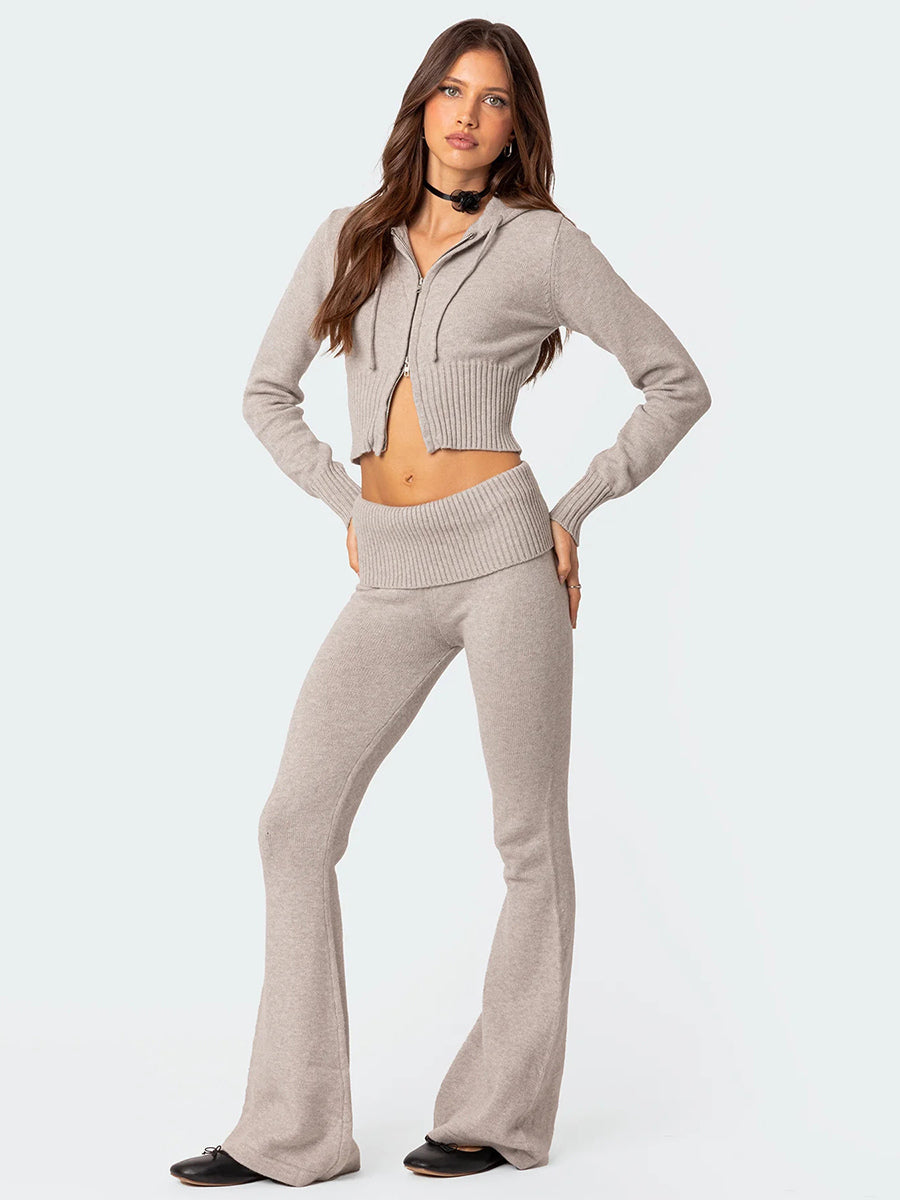 Knit Crop Zip Up Hoodie And Flared Pants Two Piece Co-ord Set For Women 2026