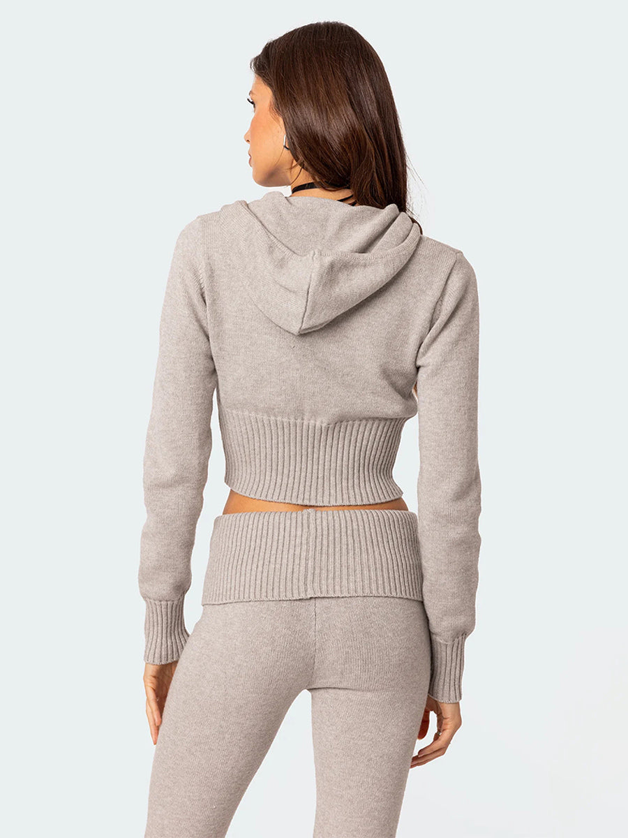 Knit Crop Zip Up Hoodie And Flared Pants Two Piece Co-ord Set For Women 2026