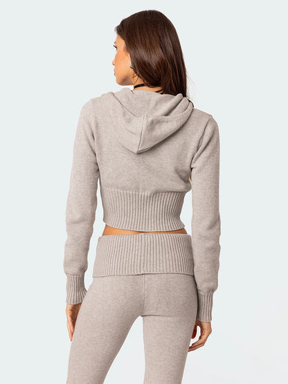 Knit Crop Zip Up Hoodie And Flared Pants Two Piece Co-ord Set For Women 2026