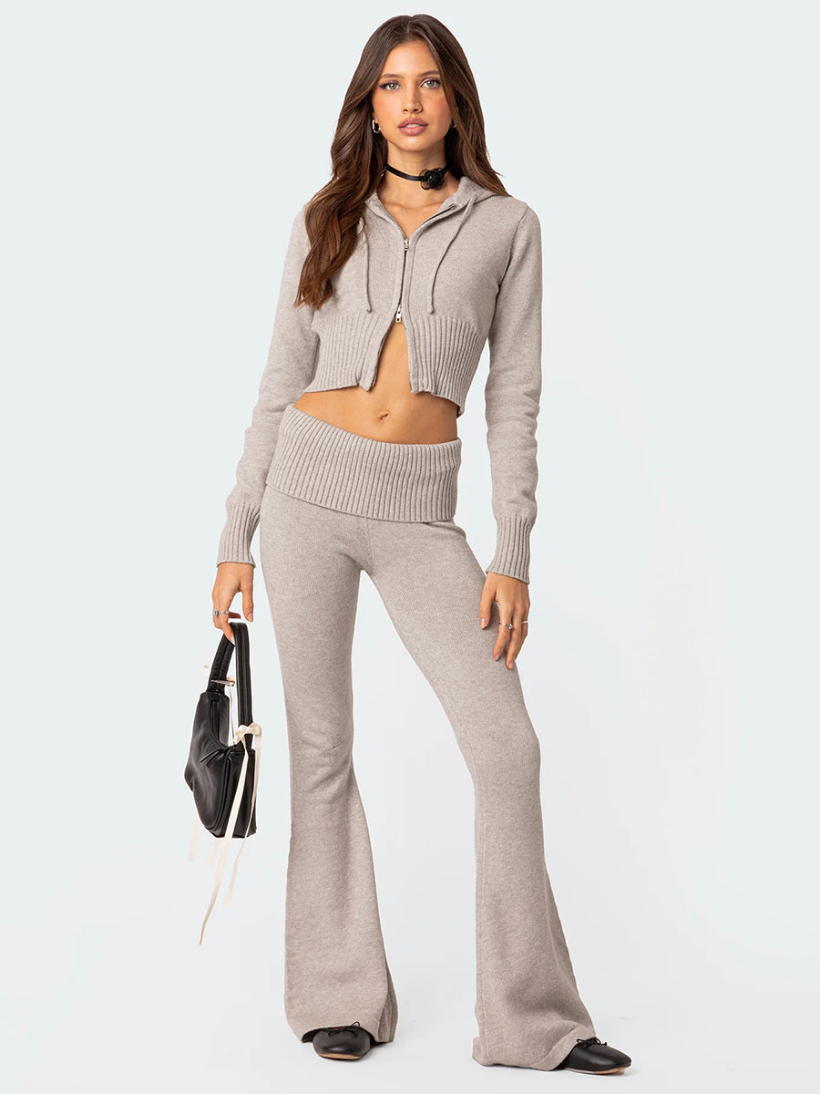 Knit Crop Zip Up Hoodie And Flared Pants Two Piece Co-ord Set For Women 2026