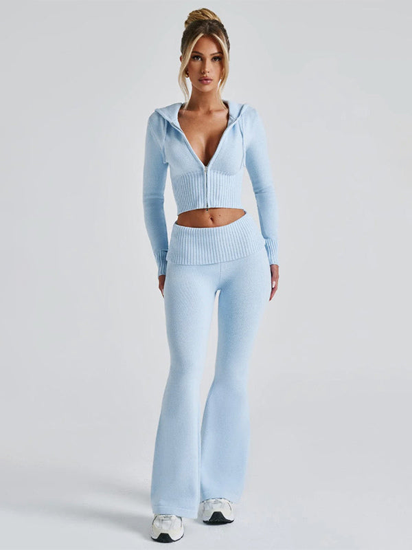 Knit Crop Zip Up Hoodie And Flared Pants Two Piece Co-ord Set For Women 2026