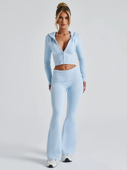 Knit Crop Zip Up Hoodie And Flared Pants Two Piece Co-ord Set For Women 2026