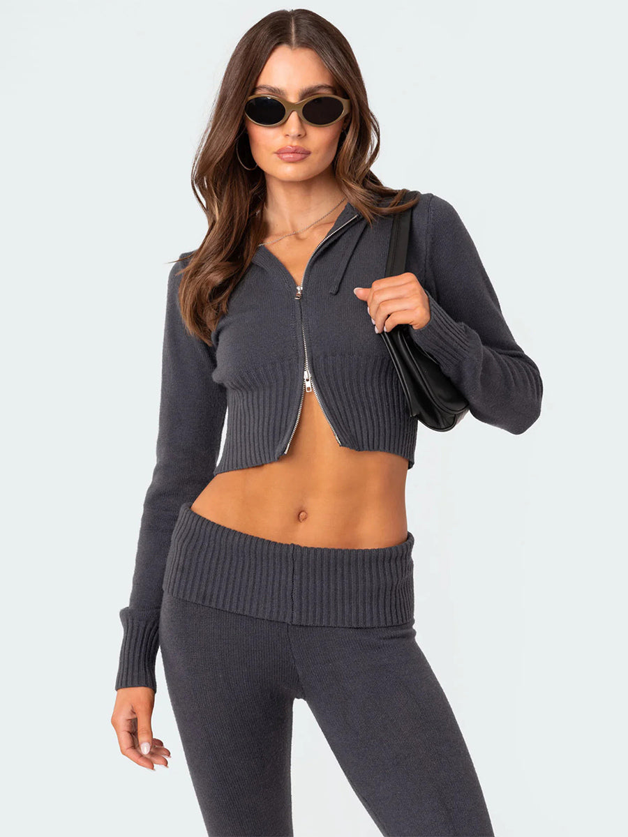 Knit Crop Zip Up Hoodie And Flared Pants Two Piece Co-ord Set For Women 2026