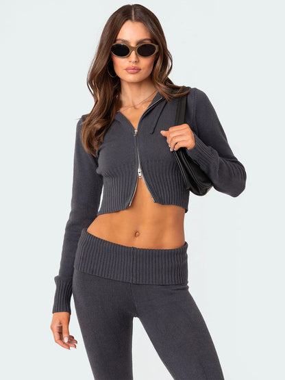 Knit Crop Zip Up Hoodie And Flared Pants Two Piece Co-ord Set For Women 2026