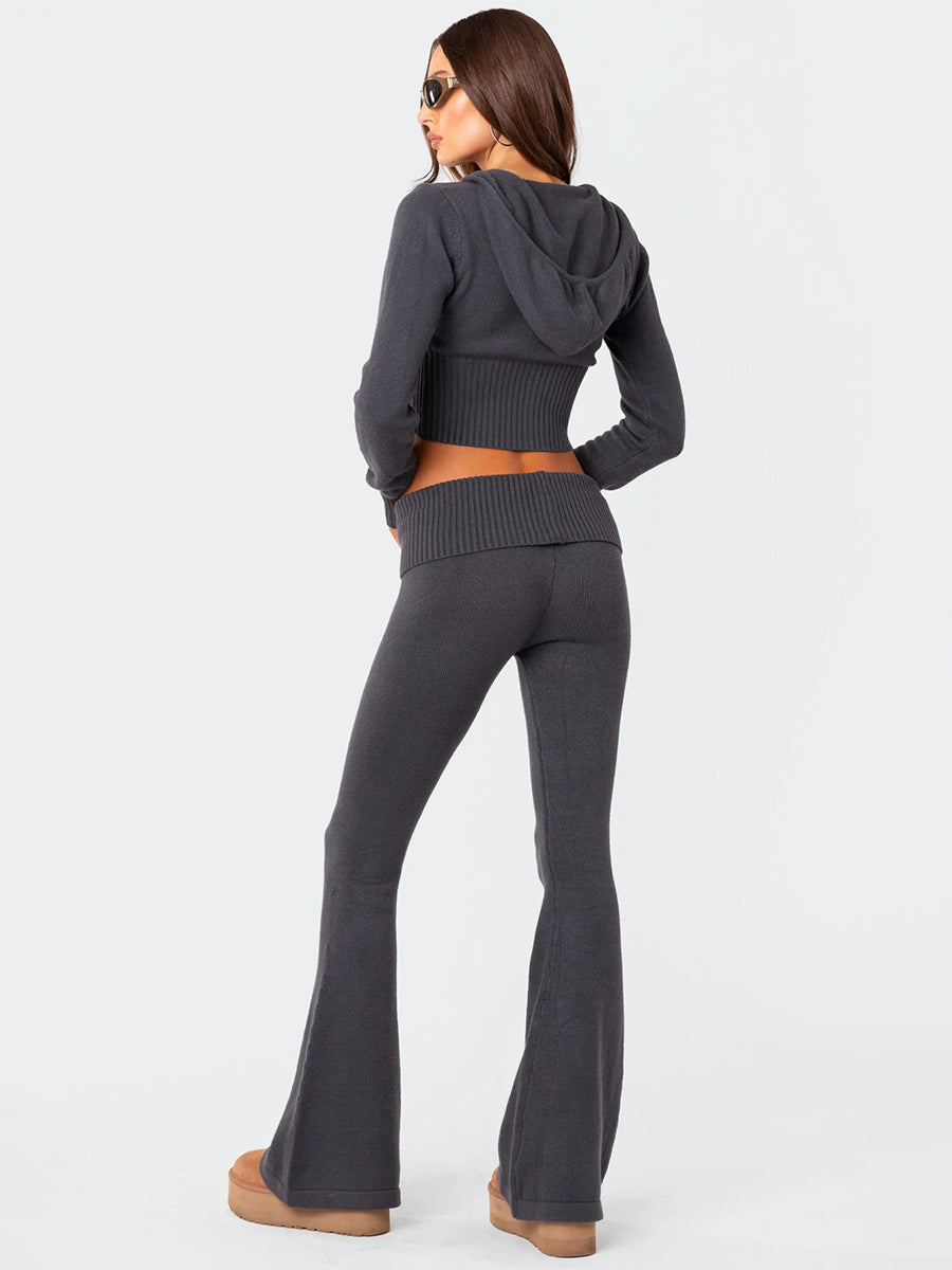 Knit Crop Zip Up Hoodie And Flared Pants Two Piece Co-ord Set For Women 2026