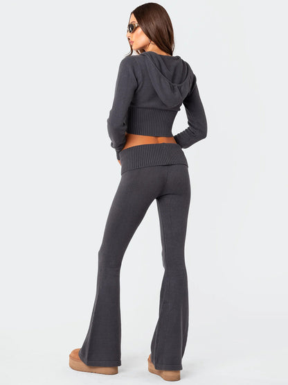 Knit Crop Zip Up Hoodie And Flared Pants Two Piece Co-ord Set For Women 2026