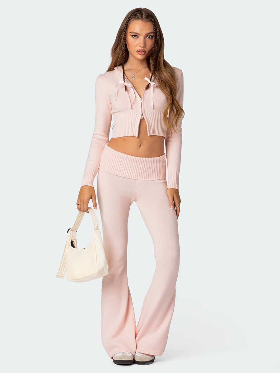 Knit Crop Zip Up Hoodie And Flared Pants Two Piece Co-ord Set For Women 2026