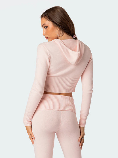 Knit Crop Zip Up Hoodie And Flared Pants Two Piece Co-ord Set For Women 2026