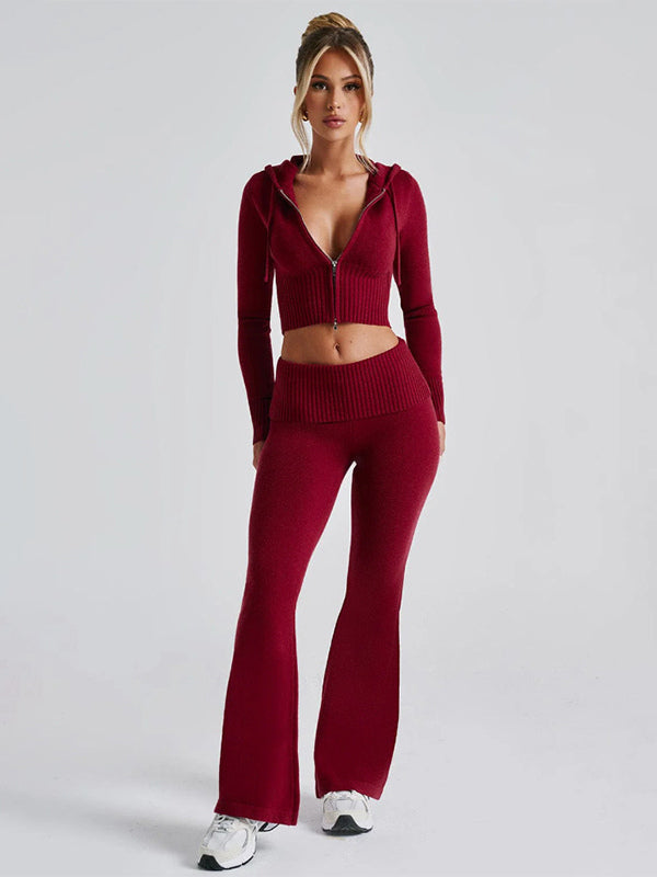 Knit Crop Zip Up Hoodie And Flared Pants Two Piece Co-ord Set For Women 2026