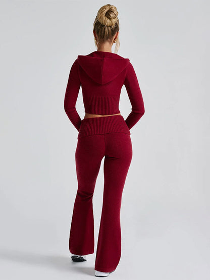 Knit Crop Zip Up Hoodie And Flared Pants Two Piece Co-ord Set For Women 2026