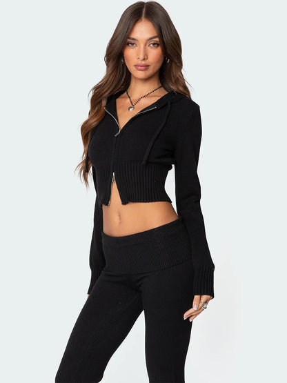 Knit Crop Zip Up Hoodie And Flared Pants Two Piece Co-ord Set For Women 2026