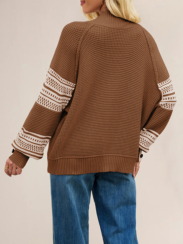 Mock Neck Knit Sweater Stripe Print Sleeve Button For Women 2026