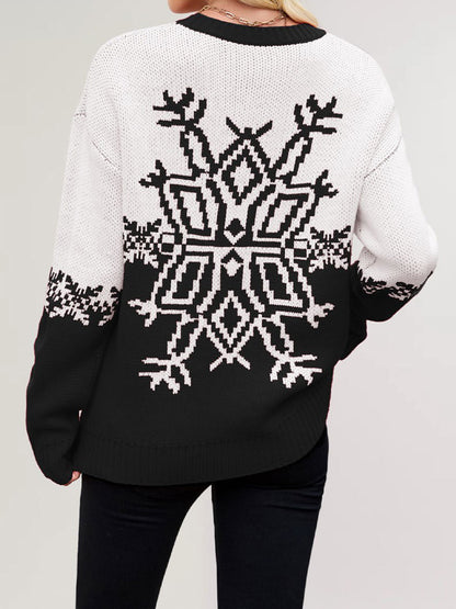 Snowflake Print Christmas Sweater Red White Knit Pullover For Women 2026