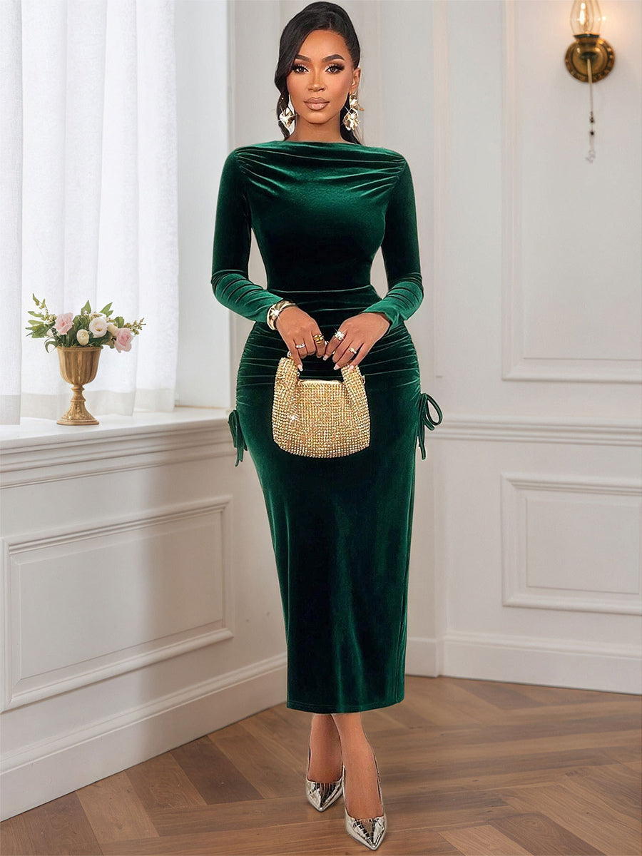 Emerald Green Velvet Ruched Long Sleeve Midi Dress For Women 2026