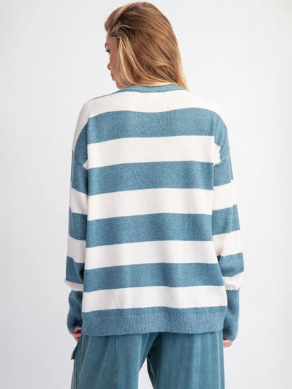 Sweet Striped Bow Print Oversized Knit Sweater Top For Women 2026