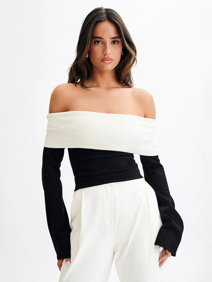 Off Shoulder Two Tone Color Block Knit Long Sleeve Top For Women 2026