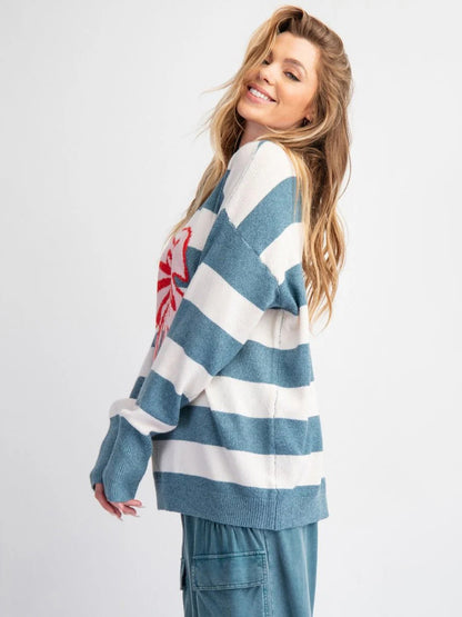 Sweet Striped Bow Print Oversized Knit Sweater Top For Women 2026
