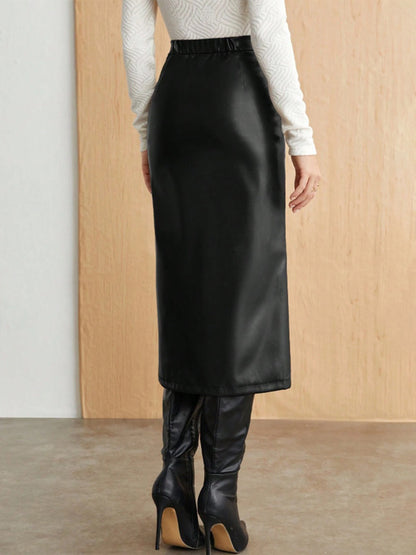 Ruched High Slit Faux Leather Midi Skirt For Women 2026
