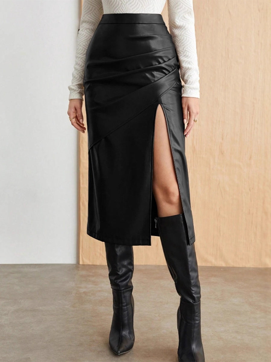 Ruched High Slit Faux Leather Midi Skirt For Women 2026