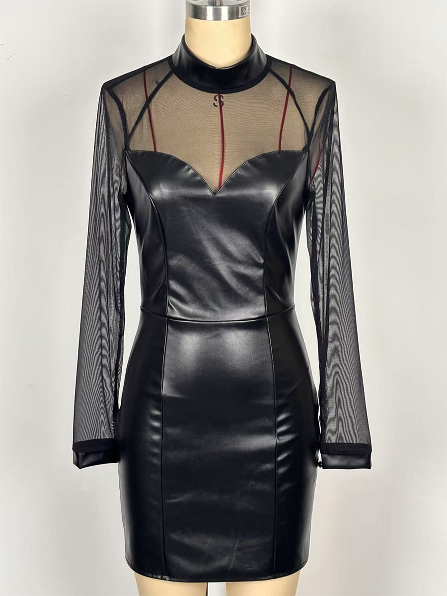 Black Mesh Patchwork Faux Leather Bodycon Mini Dress For Women 2026